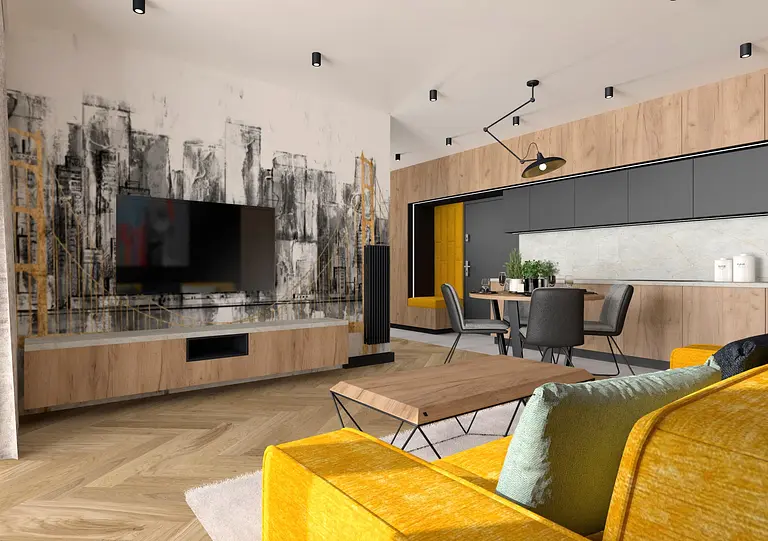 Wnętrze w stylu industrialnym z żółtą sofą i drewnianymi meblami.