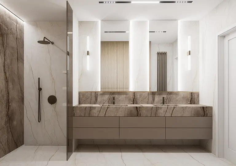 Nowoczesna łazienka z brązowymi meblami i marmurowymi akcentami, styl minimaluxe, quiet luxury, soft minimalizm.