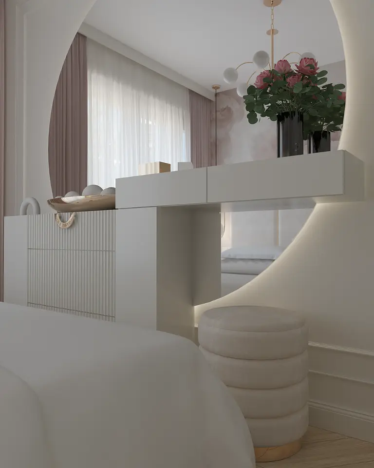 Nowoczesne wnętrze z białą komodą, różowymi kwiatami i eleganckim oświetleniem