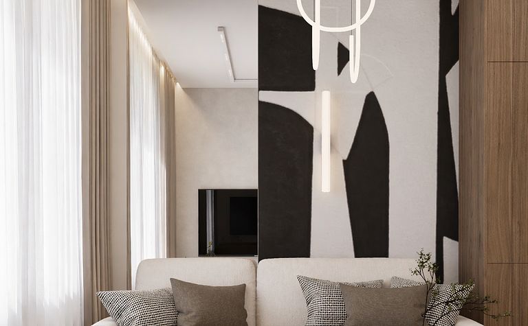 Nowoczesny salon w stylu quiet luxury i japandi z jasną sofą i drewnianymi elementami.