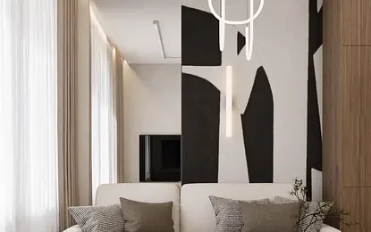 Nowoczesny salon w stylu quiet luxury i japandi z jasną sofą i drewnianymi elementami.
