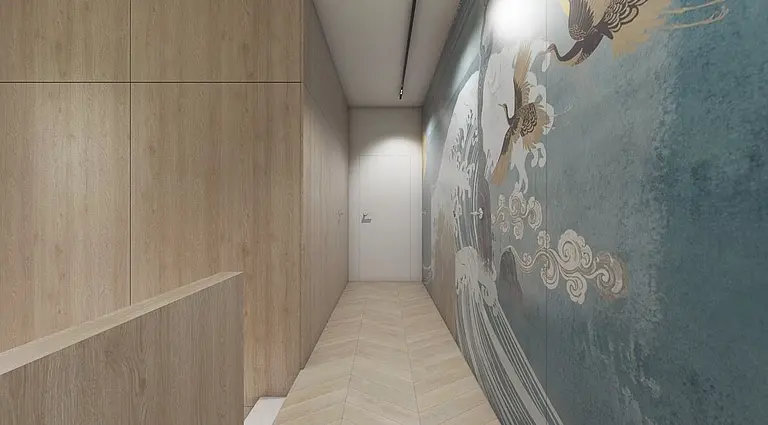 Przedpokój z drewnianą ścianą i współczesnym muralem, nowoczesny design.