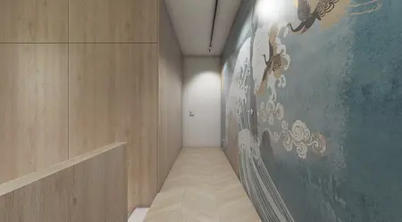 Przedpokój z drewnianą ścianą i współczesnym muralem, nowoczesny design.
