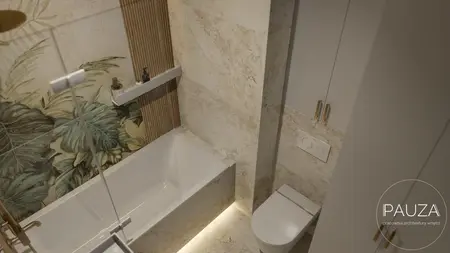 Nowoczesna łazienka z wanną, roślinnymi wzorami i drewnianymi detalami w stylu japandi.