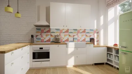 Kuchnia w stylu dopamine decor, eklektyczna, skandynawska z białymi meblami i pastelowym backsplash.