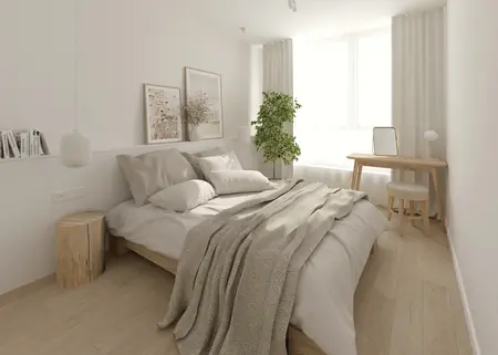 Sypialnia w stylu boho i soft minimalizm z drewnianym łóżkiem i rośliną