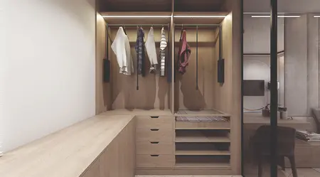 Garderoba w stylu nowoczesnym z drewnianymi półkami i minimalistycznym wykończeniem.