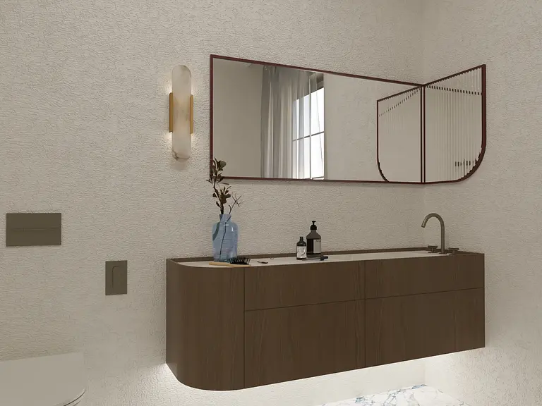 Wnętrze łazienki w stylu soft minimalizm i vintage z drewnianymi akcentami.