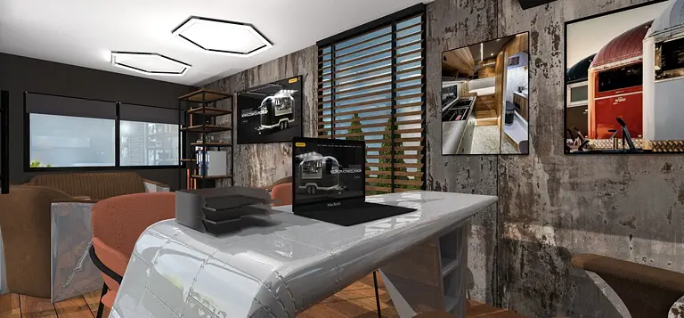 Gabinet w stylu dopamine decor z metalowym biurkiem, brązową sofą i industrialnym wykończeniem.