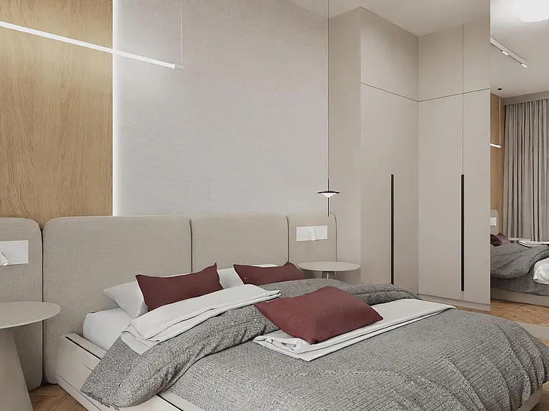 Wnętrze sypialni w stylu japandi z minimalistycznym wystrojem, nowoczesnymi meblami.