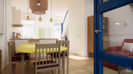 Jadalnia w stylu dopamine decor, eklektycznym i skandynawskim z żółtym stołem.