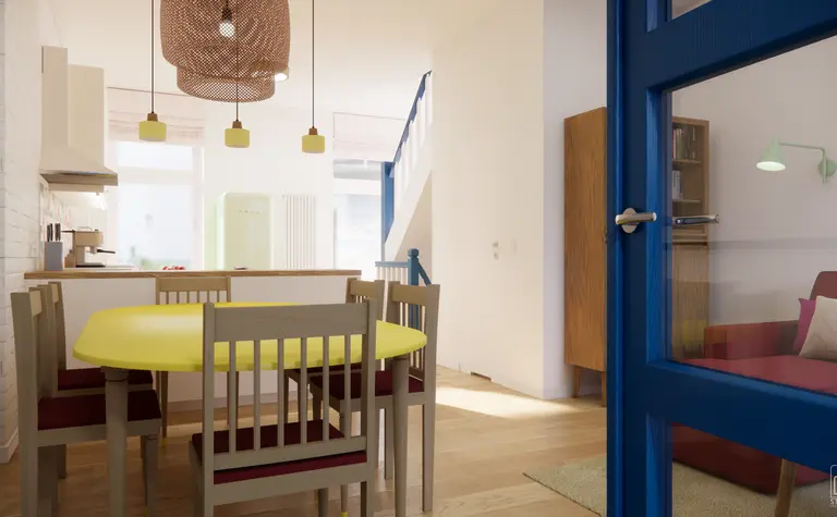 Jadalnia w stylu dopamine decor, eklektycznym i skandynawskim z żółtym stołem.