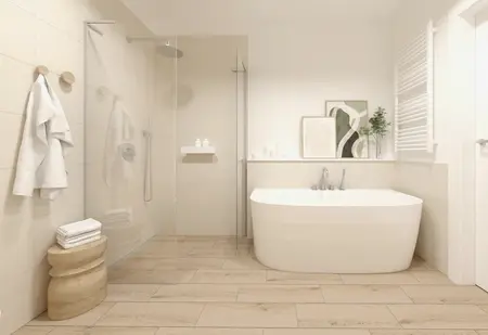 Nowoczesna łazienka z białą wanną, prysznicem w stylu boho i detalami soft minimalizmu.