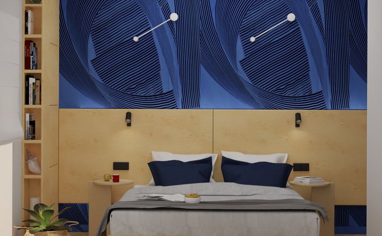 Sypialnia z niebieską ścianą i drewnianym meblami, nowoczesny design.