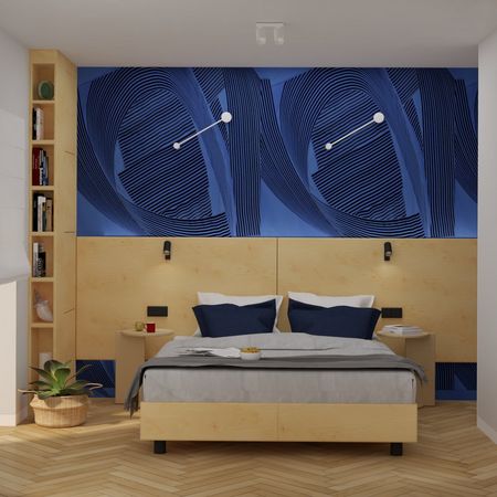 Sypialnia z niebieską ścianą i drewnianym meblami, nowoczesny design.