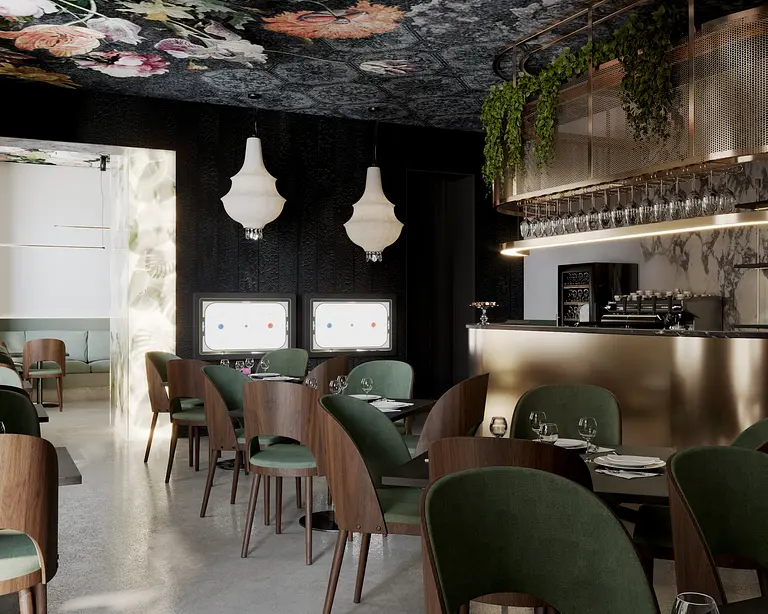 Nowoczesna restauracja z zielonymi krzesłami, marmurowym barem i kwiecistym sufitem w stylu glamour.