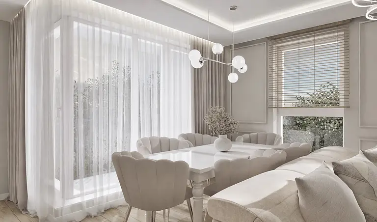 Wnętrze jadalni w stylu glamour z nowoczesnym oświetleniem i współczesnymi meblami.