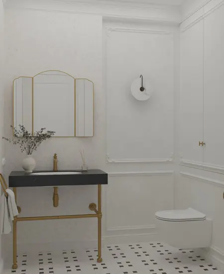 Łazienka w stylu art deco z minimalistycznym i tradycyjnym wystrojem, czarna umywalka.