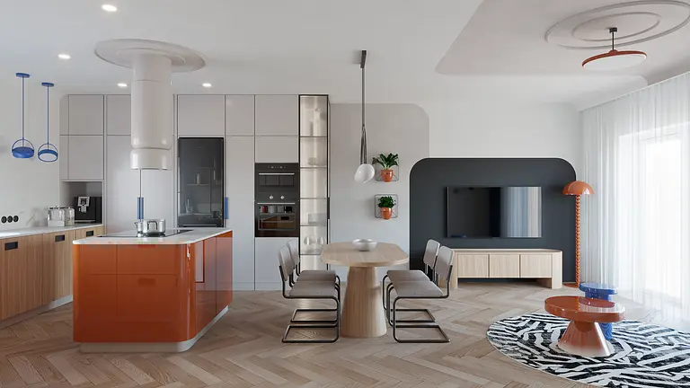 Wnętrze kuchni w stylu dopamine decor i eklektycznym z pomarańczowym blatem.