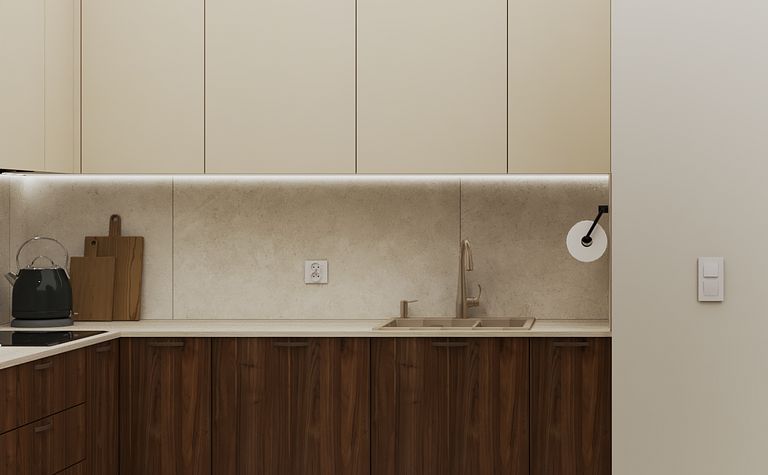 Kuchnia w stylu japandi z brązowymi meblami i minimalistycznym wykończeniem.