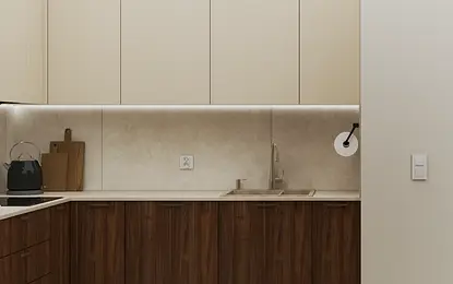 Kuchnia w stylu japandi z brązowymi meblami i minimalistycznym wykończeniem.