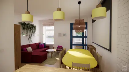 Wnętrze salonu z czerwonymi akcentami, żółtym stołem i roślinami w stylu dopamine decor, eklektycznym, skandynawskim.