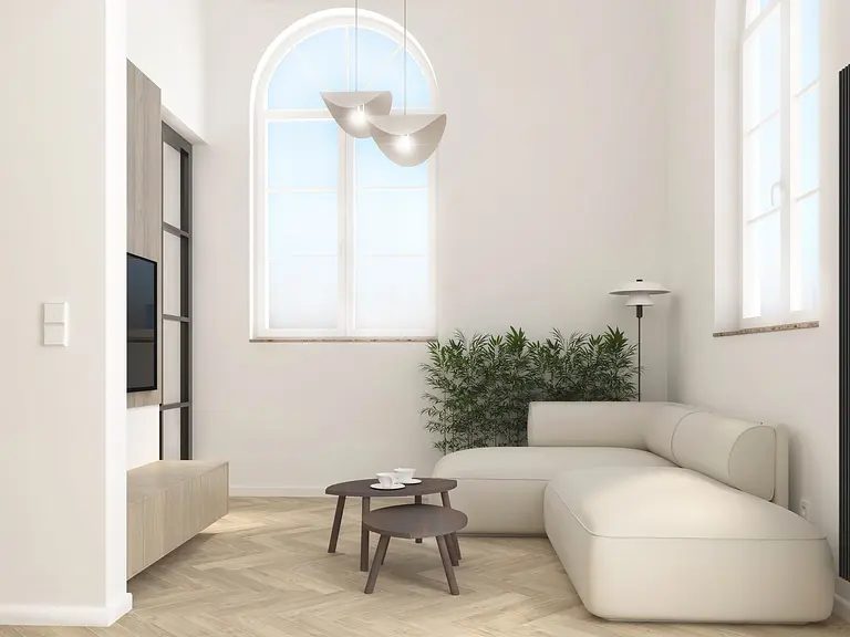 Wnętrze salonu w stylu japandi i minimalistycznym z jasnymi meblami.