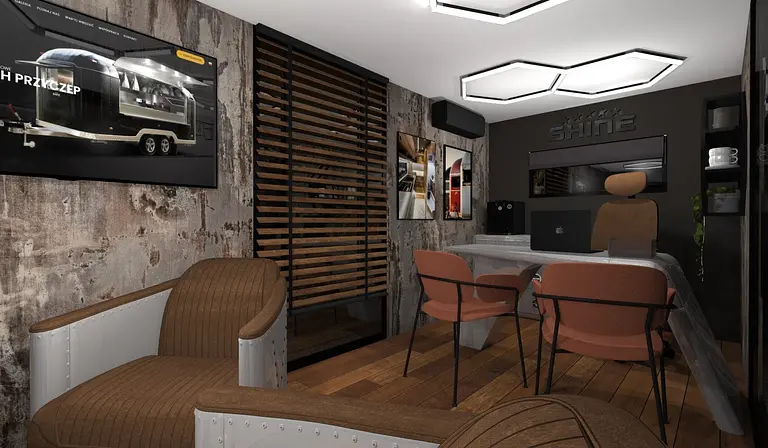 Wnętrze gabinetu w stylu dopamine decor, industrialnym, japandi z drewnianymi elementami.