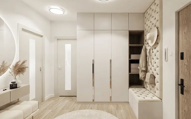 Przedpokój z jasnymi meblami, drewnianą podłogą, w stylu glamour i nowoczesnym.