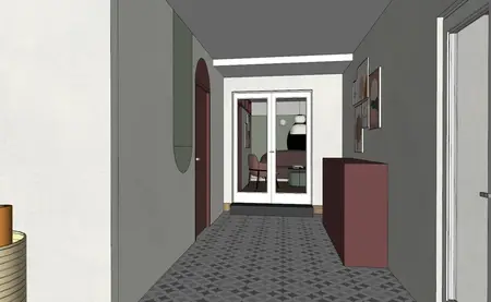 Przedpokój z szarymi ścianami, brązowym meblem oraz elementami dopamine decor i eklektycznymi.