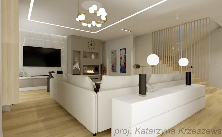 Nowoczesny salon z białymi meblami, drewnianą podłogą i oświetleniem.