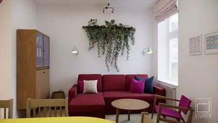 Wnętrze salonu z czerwonymi meblami, drewnianym stołem i roślinnością. Styl dopamine decor, eklektyczny, skandynawski.