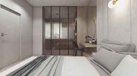 Wnętrze sypialni z nowoczesnym, minimalistycznym designem, szare ściany, drewniane akcenty.