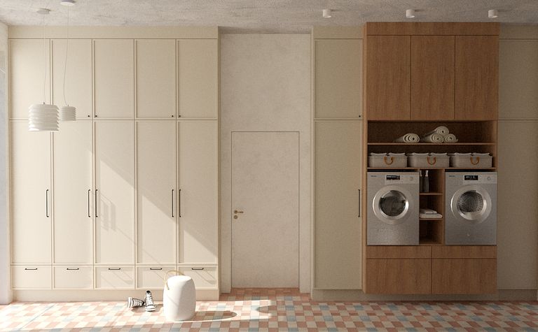 Pralnia w stylu quiet luxury i soft minimalizm z vintage dodatkami.