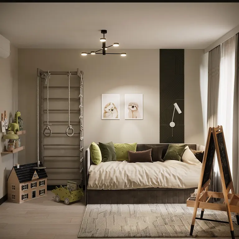 Pokój dziecięcy w stylu eklektycznym, glamour i minimalistycznym z zielonymi detalami.