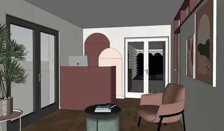 Wnętrze biura z eklektycznym stylem, dopamine decor, nowoczesne meble i rośliny.