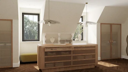 Wnętrze z drewnianym blatem, białymi meblami i lampami w stylu art deco, eklektycznym, soft minimalizm.