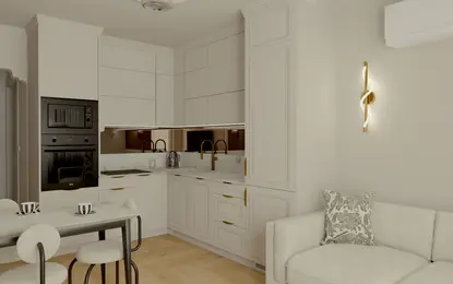 Wnętrze kuchni z białymi meblami i złotymi detalami, styl glamour i nowoczesny.