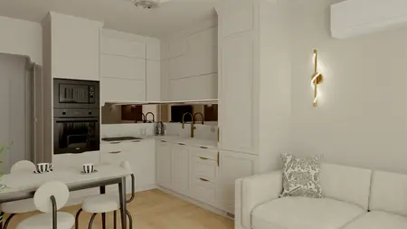 Wnętrze kuchni z białymi meblami i złotymi detalami, styl glamour i nowoczesny.