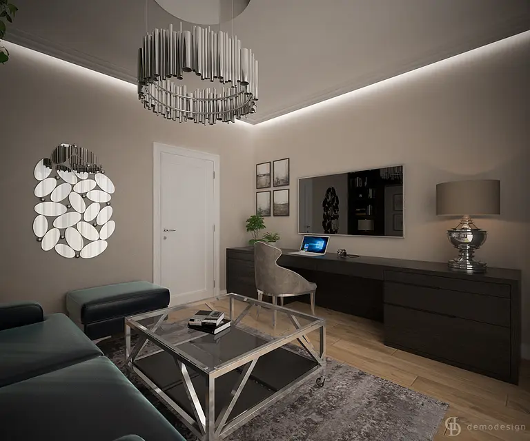 Wnętrze salonu w stylu glamour i nowoczesnym z eleganckim oświetleniem.