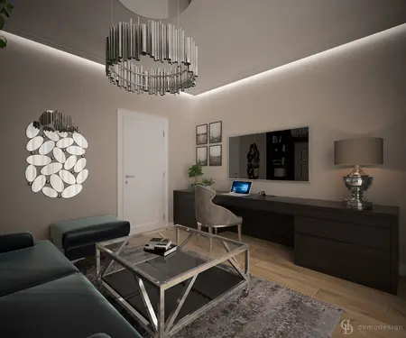 Wnętrze salonu w stylu glamour i nowoczesnym z eleganckim oświetleniem.