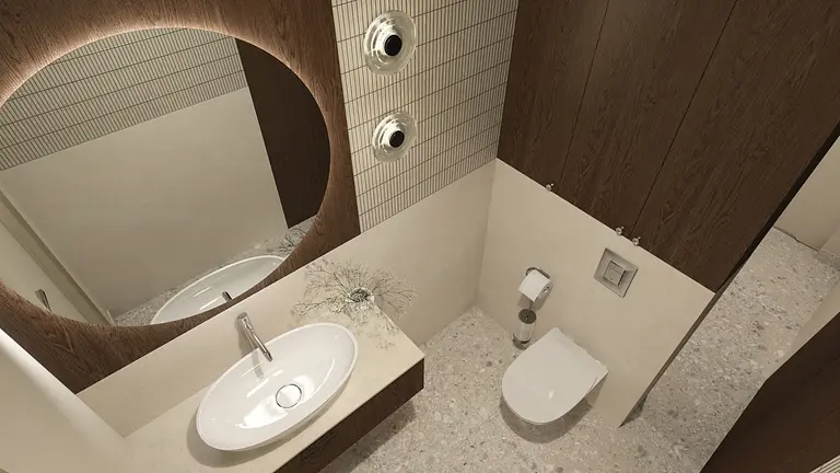 Nowoczesna łazienka z drewnianymi elementami i minimalistycznym designem