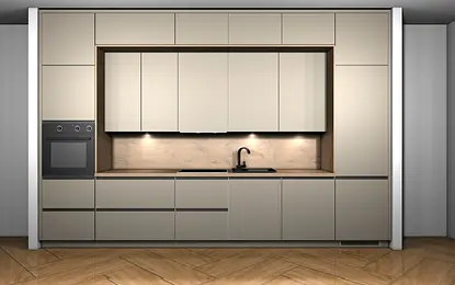 Współczesna kuchnia z beżowymi meblami i drewnianym blatem, nowoczesny design.