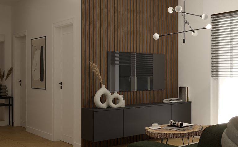 Wnętrze salonu w stylu industrialnym z minimalistycznymi akcentami, nowoczesne meble.