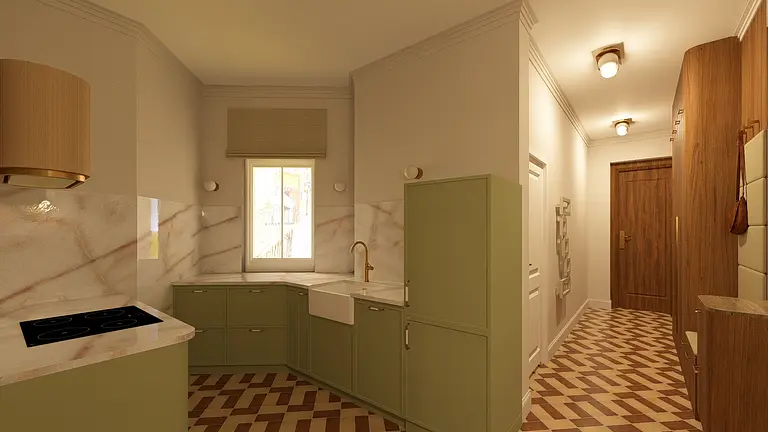Wnętrze kuchni z zielonymi meblami i marmurowym blatem, styl vintage.
