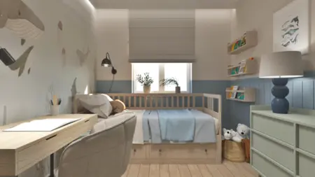 Pokój dziecięcy w stylu boho z jasnym łóżkiem, biurkiem i dekoracjami.