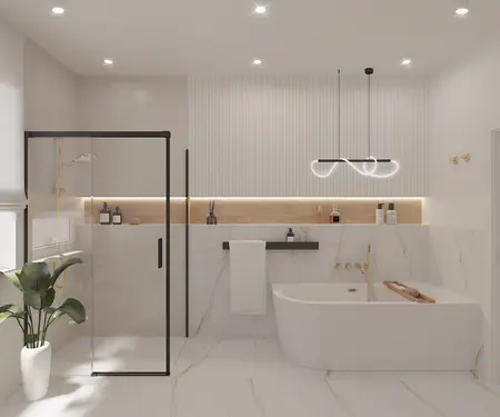 Nowoczesna łazienka z wanną, kabiną prysznicową i rośliną w doniczce. Styl minimaluxe, quiet luxury.