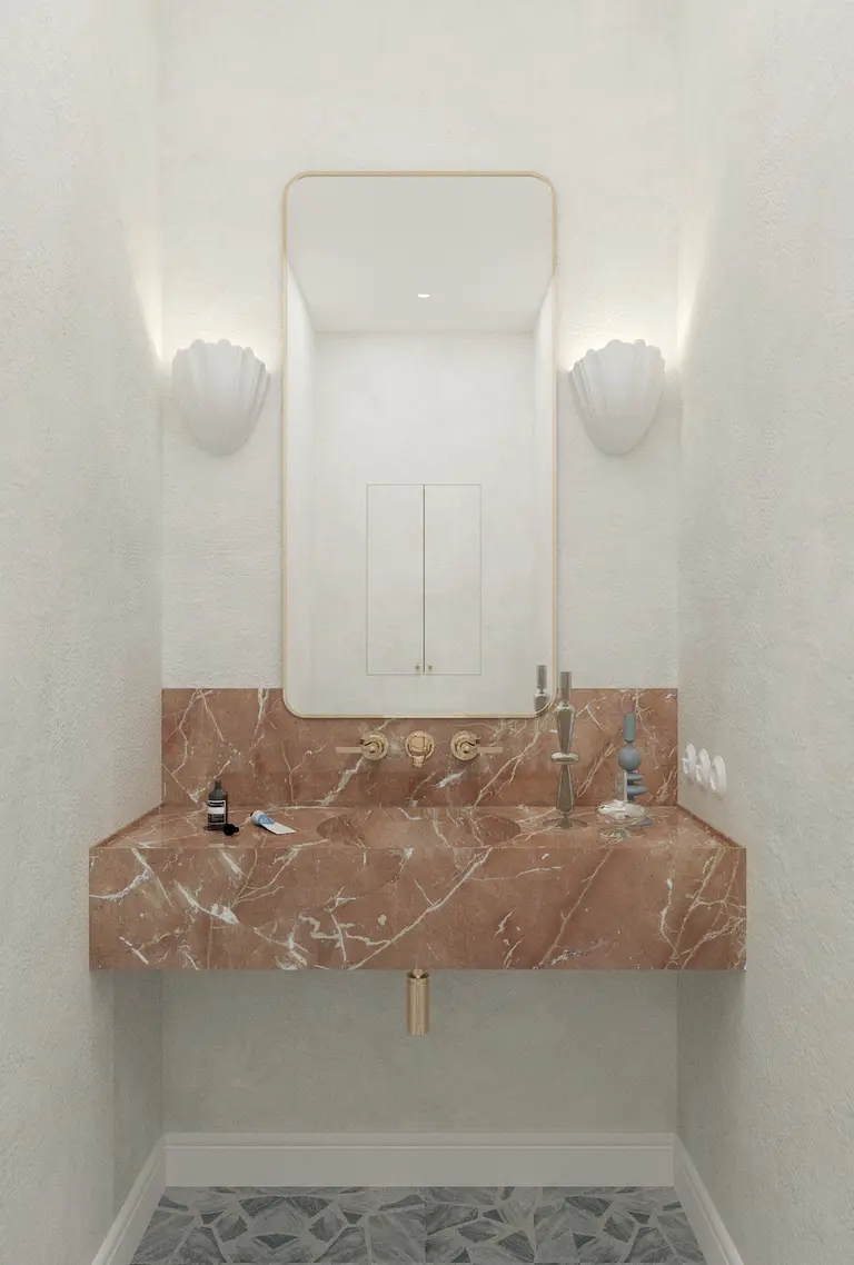 Wnętrze łazienki z marmurową umywalką, lustrem i elementami art deco, minimaluxe, quiet luxury.