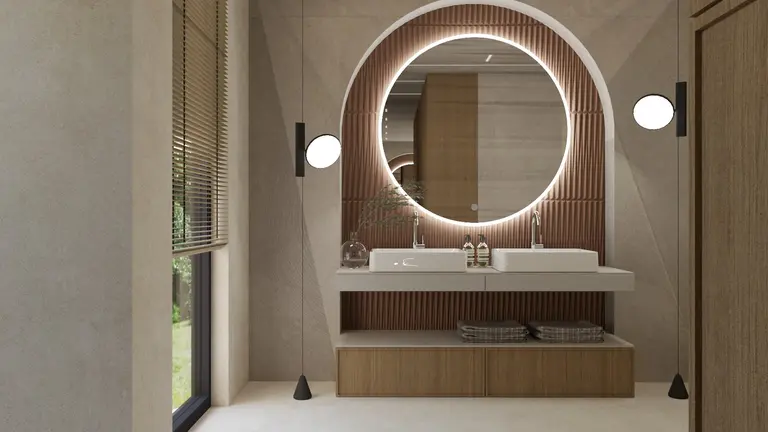 Nowoczesna łazienka boho-japandi z drewnianymi akcentami i minimalistycznym designem.