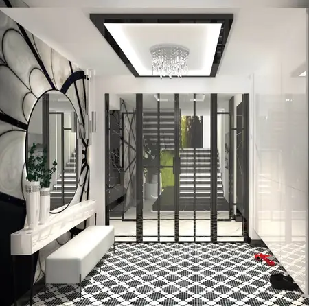Przedpokój w stylu art deco i glamour z czarną podłogą i dużym lustrem.